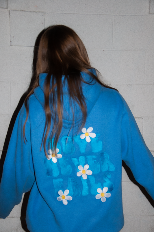 "Love Never Fails" Hoodie in Blue