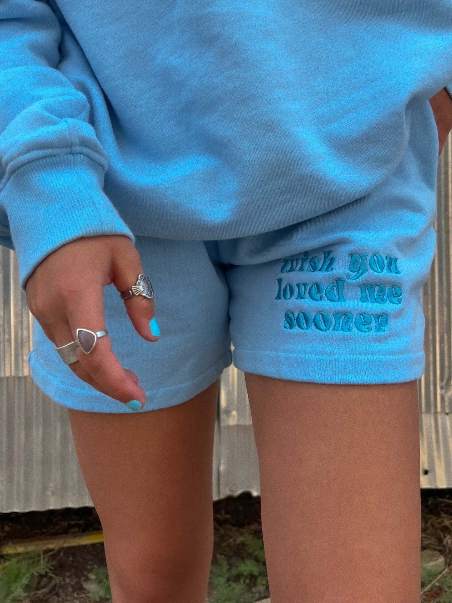 "Wish You Loved Me Sooner" Sweat Shorts in Blue